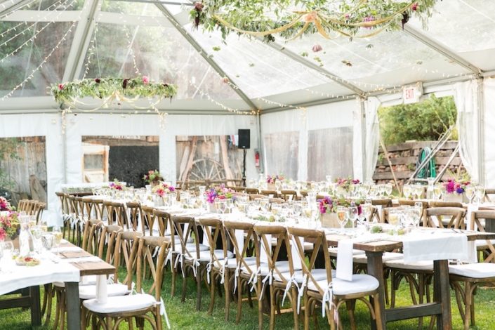 Clear Wedding Tent with Farm Tables & X Back Chairs