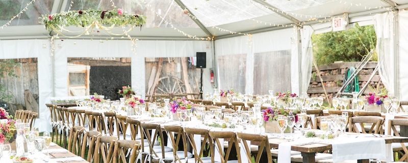 Clear Wedding Tent with Farm Tables & X Back Chairs