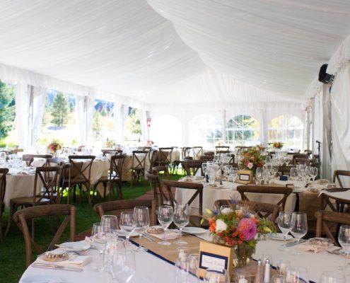 Fabric Lined Tent With X Back Chairs & Round Tables at Ski Tip Lodge, Keystone Colorado