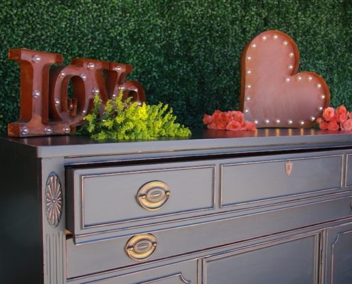 Vintage Black Placecard Dresser With Rustic LED Love Signs