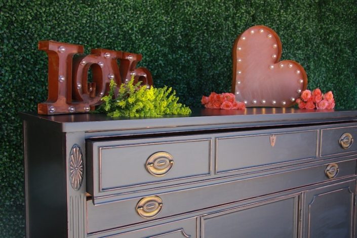 Vintage Black Placecard Dresser With Rustic LED Love Signs