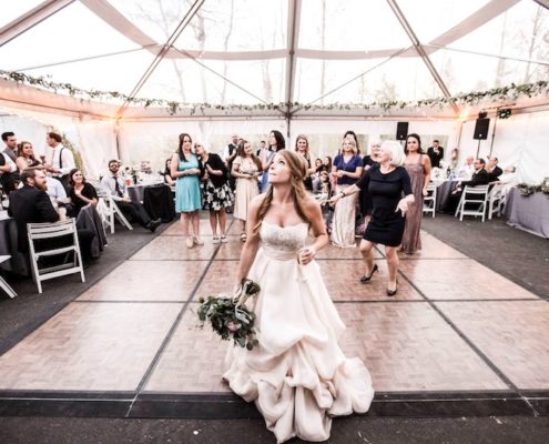 Parquet Dance Floor with Black Astro Turf & Clear Frame Wedding Tent