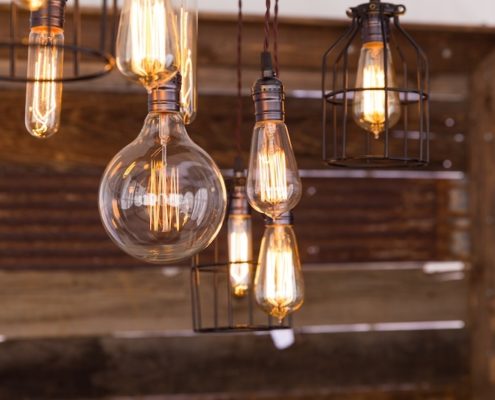 Edison Bulb Chandelier & Barnwood Decor Wall