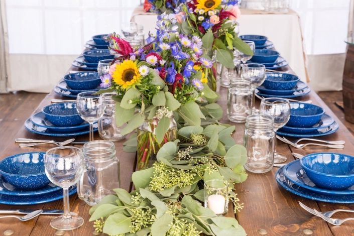 Farm Table With Western Blue China, Napa Wine Glasses & Mason Jars