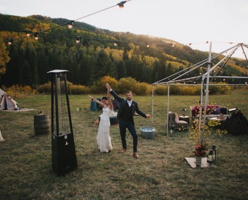Fiesta Tent With Fire Pit, Triangle Patio Heater & Festival Lights