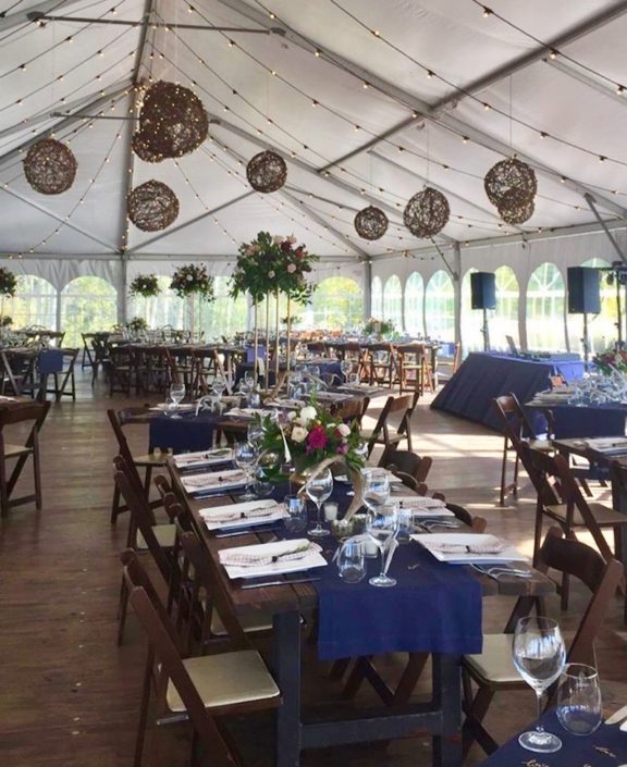Grapevine Lanterns & Festival Lighting With Farm Tables & Mahogany Padded Chairs