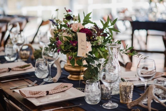 Farm Table With Square China, Regina Glassware & Stemless Wine Glasses