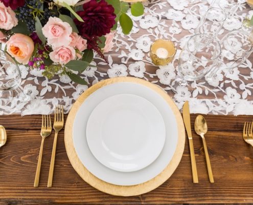 Rustic Chic Farm Table & X Back Chairs With Gold Flatware & Lace Runner
