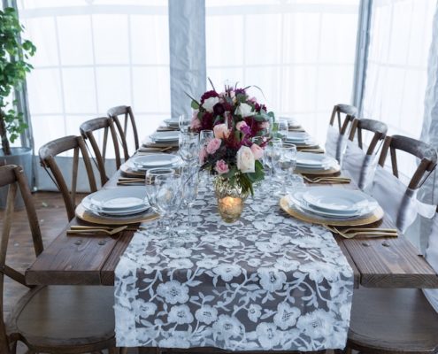 Rustic Chic Farm Table & X Back Chairs With Gold Flatware & Lace Runner