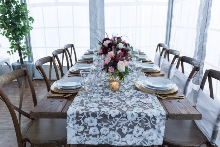 Rustic Chic Farm Table & X Back Chairs With Gold Flatware & Lace Runner
