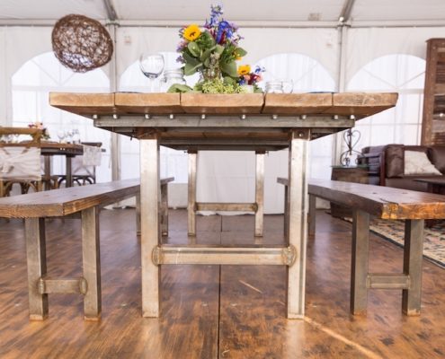 Rustic Farm Table & Benches With Iron Legs