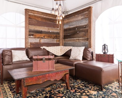 Rustic "Summit Lounge" Set With Barnwood Wall, Pecan Axis Furniture & Wooden Coffee Table