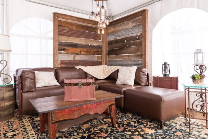 Rustic "Summit Lounge" Set With Barnwood Wall, Pecan Axis Furniture & Wooden Coffee Table