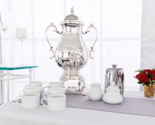 Samovar Silver Beverage Dispenser, Chrome Coffee Pourer & White China Cofee Set
