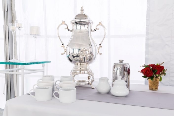 Samovar Silver Beverage Dispenser, Chrome Coffee Pourer & White China Cofee Set