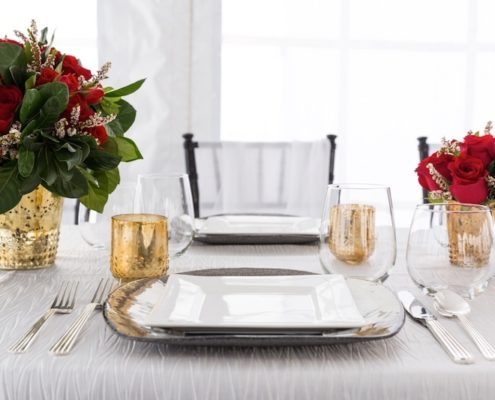 Table Setting With Square wedding plate rentals, Deco Silverware & Stemless Wine Glassware