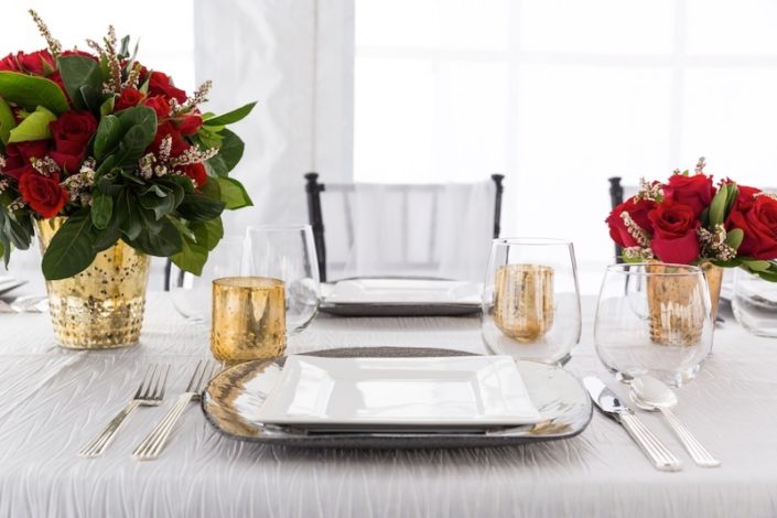 Table Setting With Square wedding plate rentals, Deco Silverware & Stemless Wine Glassware