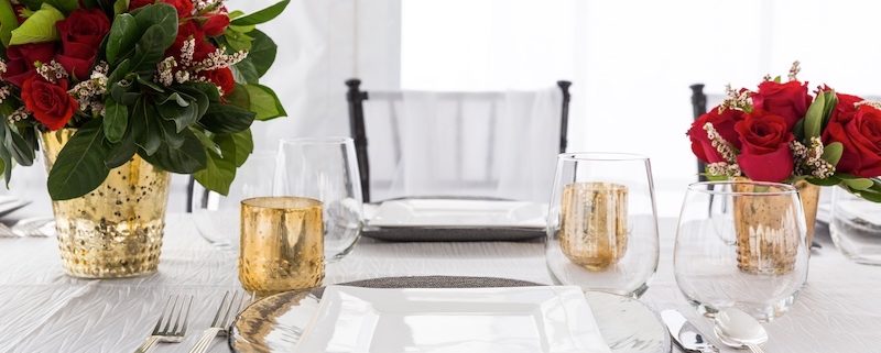 Table Setting With Square wedding plate rentals, Deco Silverware & Stemless Wine Glassware