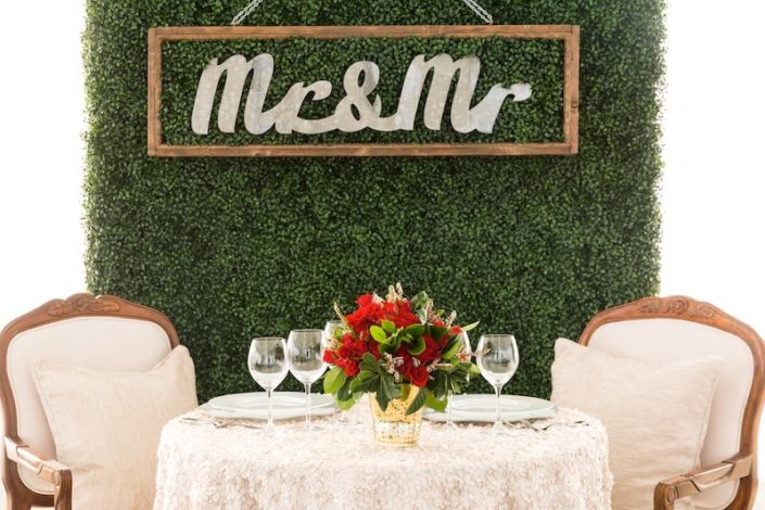 Sweetheart Table With Antique Ivory Arm Chairs, Garden Wall With Mr & Mr Sign
