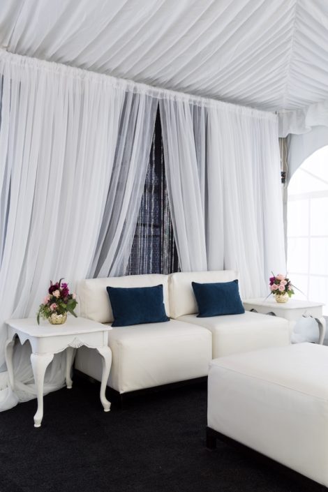 White Lounge Furniture With Antique Side Tables & Custom Draping
