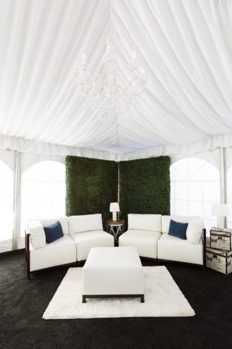 White Axis Lounge With Garden Walls, White Area Rug, Black Astro Turf & Side Tables