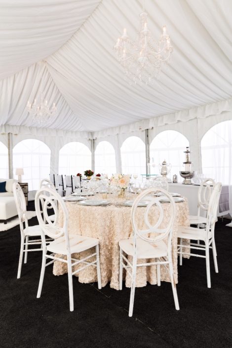 Fabric Lined Tent With White Infinity Chairs & Crystal Chandeliers