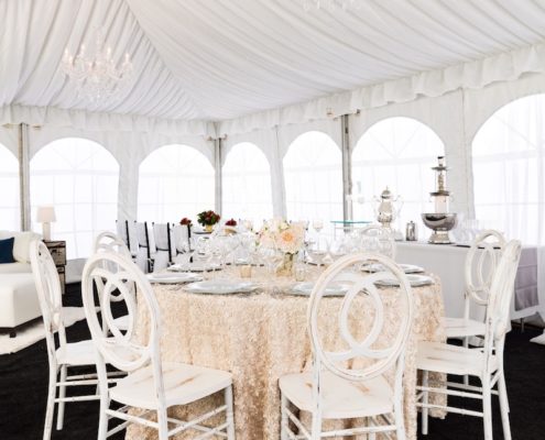 Fabric Lined Tent With White Infinity Chairs & Crystal Chandeliers