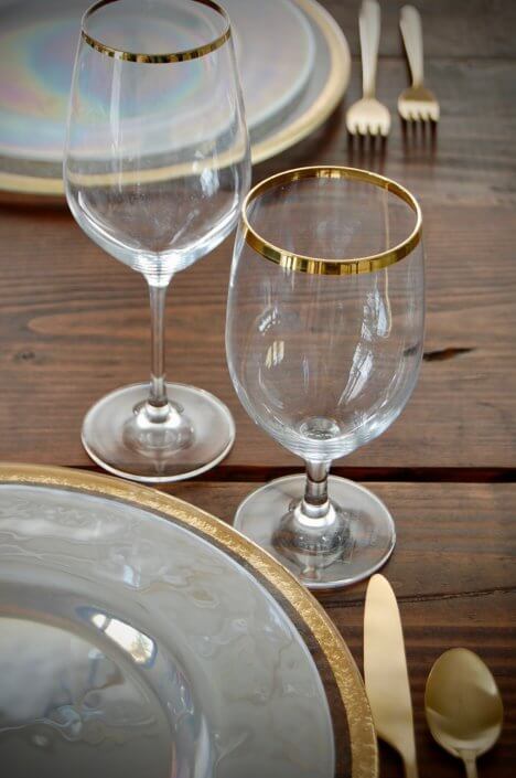Glassware rentals- Forte gold rimmed glassware