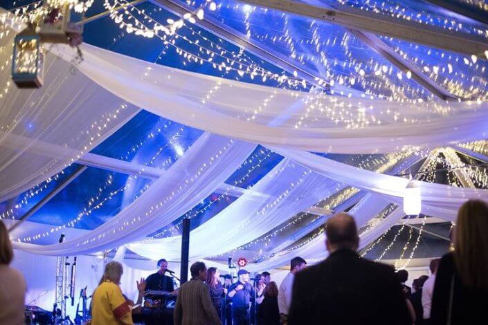 Clear NaviTrac Tent with Twinkle Lighting Sheer Draping (Nate & Jenny Photo)