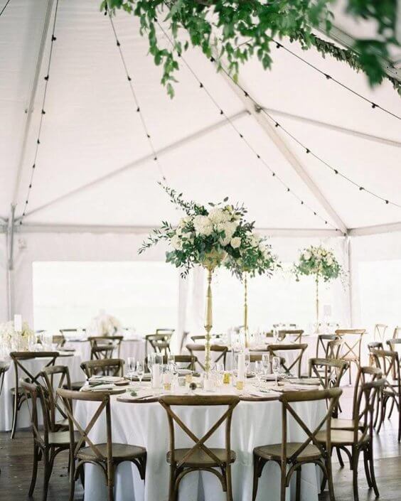 Elegant White Wedding with X Back Chairs, Strata Flooring & Festival Lighting