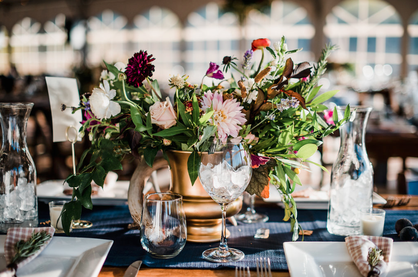 Farm Table with Stemless Wine Galasses