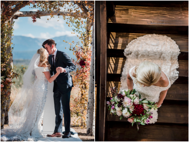 Bride and Groom Kiss Under Aspen Tree Arch with Aspen Leaf Wedding Dress