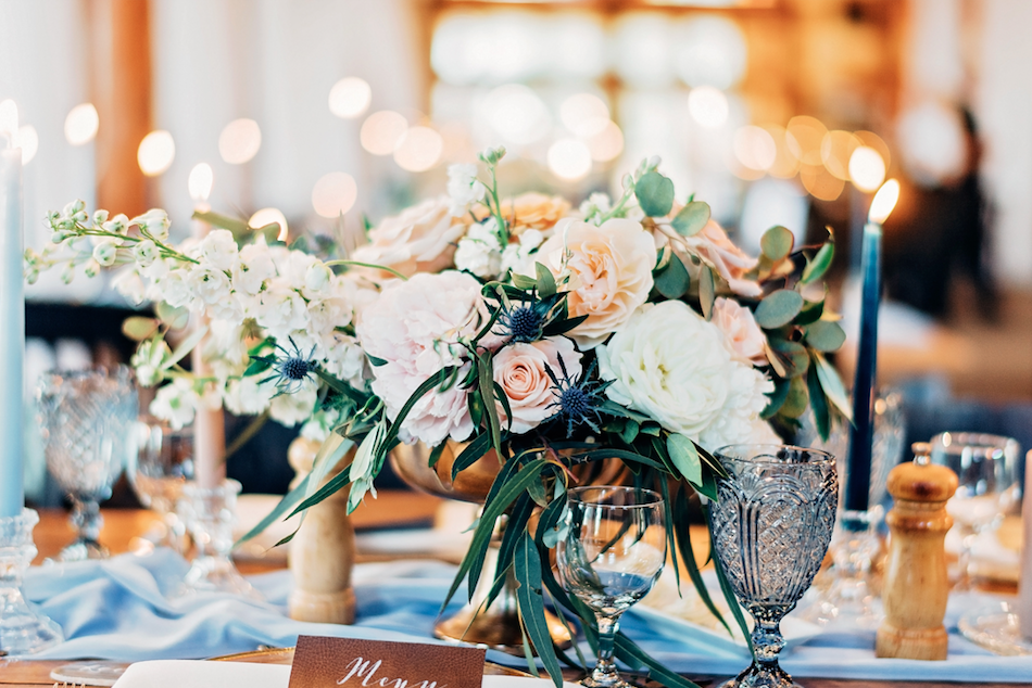 Pastel Wedding Florals with Blue Runner