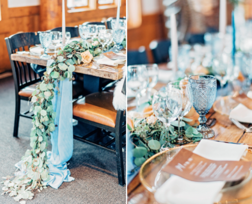 Wedding Table with Leather Accents & Eucalyptus Runner