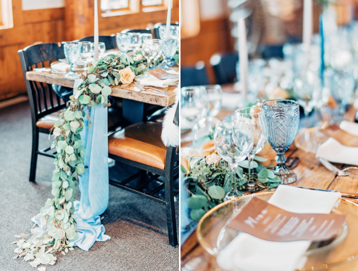 Wedding Table with Leather Accents & Eucalyptus Runner