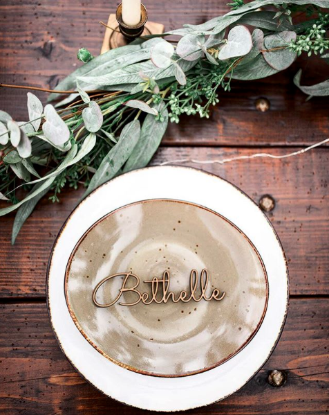 Farm Table with Custom Metal Place Cards & Rustic Plates