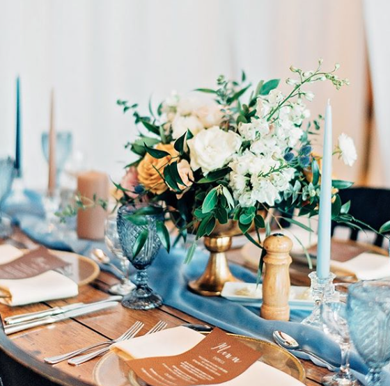 Wedding Reception Table Setting with Blue Goblets