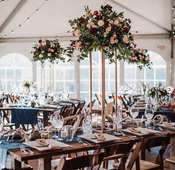 Tented Wedding Reception with Farm Tables