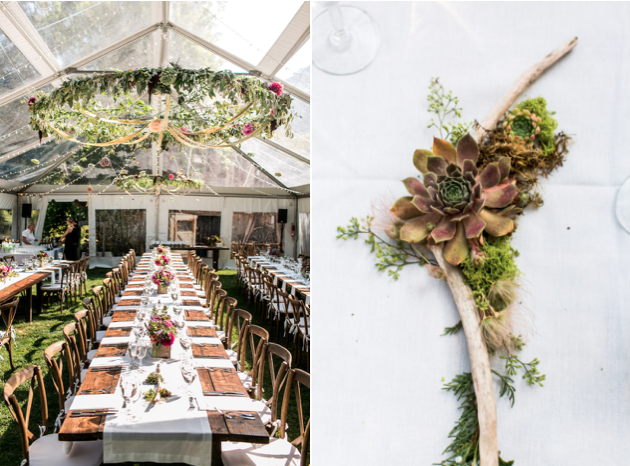 Tented wedding with clear top tent and succulent wedding florals