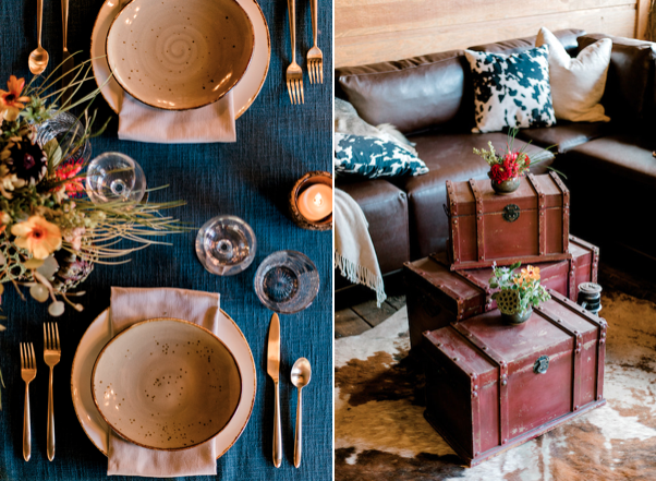 Western Bohemiam Table Setting & Rustic Red Boxes- Lounge Rentals
