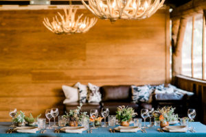 Rustic Wedding Ideas- Table Setting with Antler Chandeliers & Lounge Set Up
