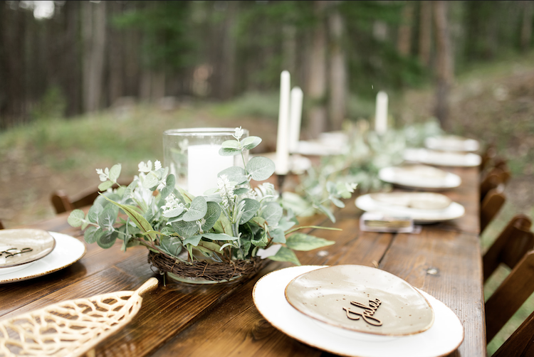 Rustic farm table with ceramic plates
