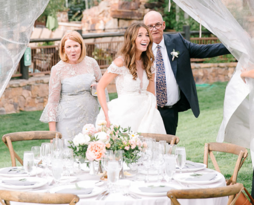 Bride first look at wedding tent design in Vail Colorado - Colorado mountain wedding planning