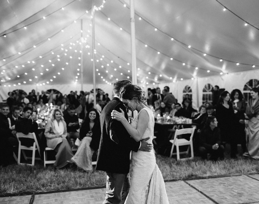 Black and White First Dance Under Festival Lights