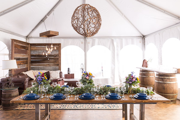 Western Blue China in rustic wedding tent