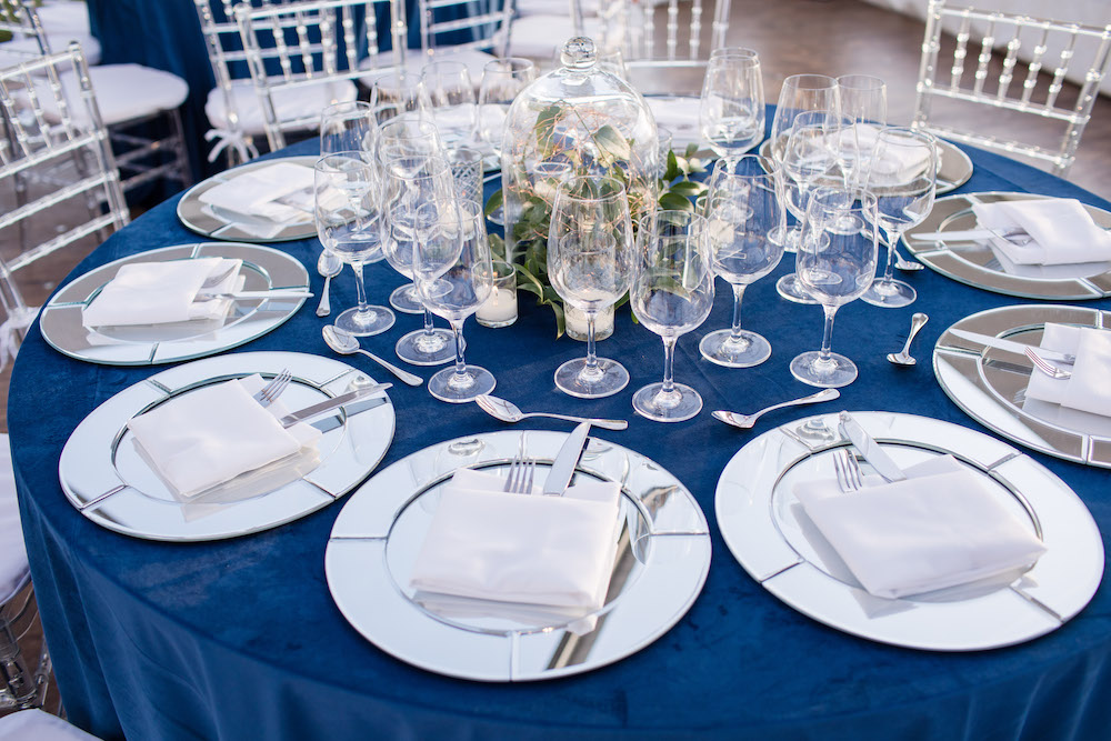 Blue and silver wedding tablescape in Keystone, CO