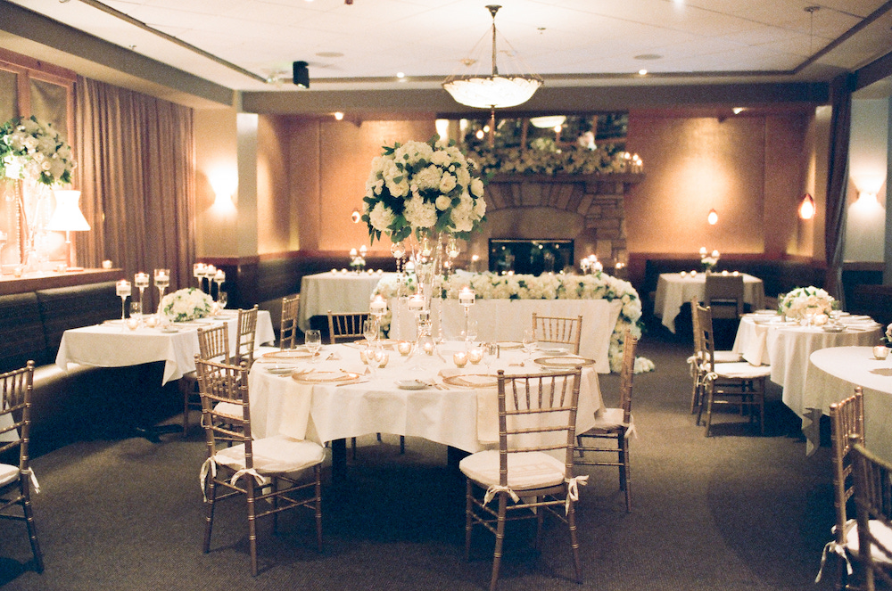 Larkspur wedding reception indoors