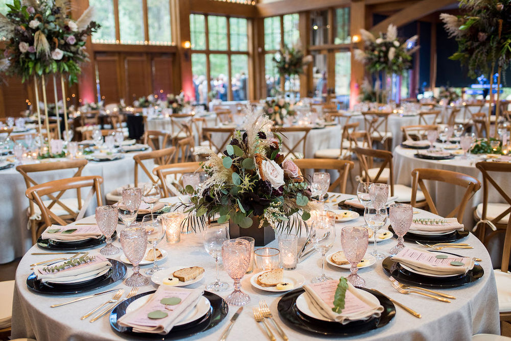 Donovan Pavilion wedding tables with black and gold colors
