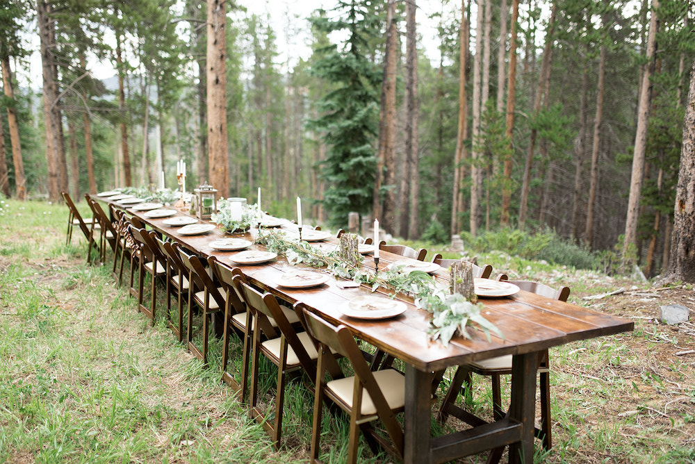 Farm Tables at outdoor Breckenridge, Colorado wedding in the woods