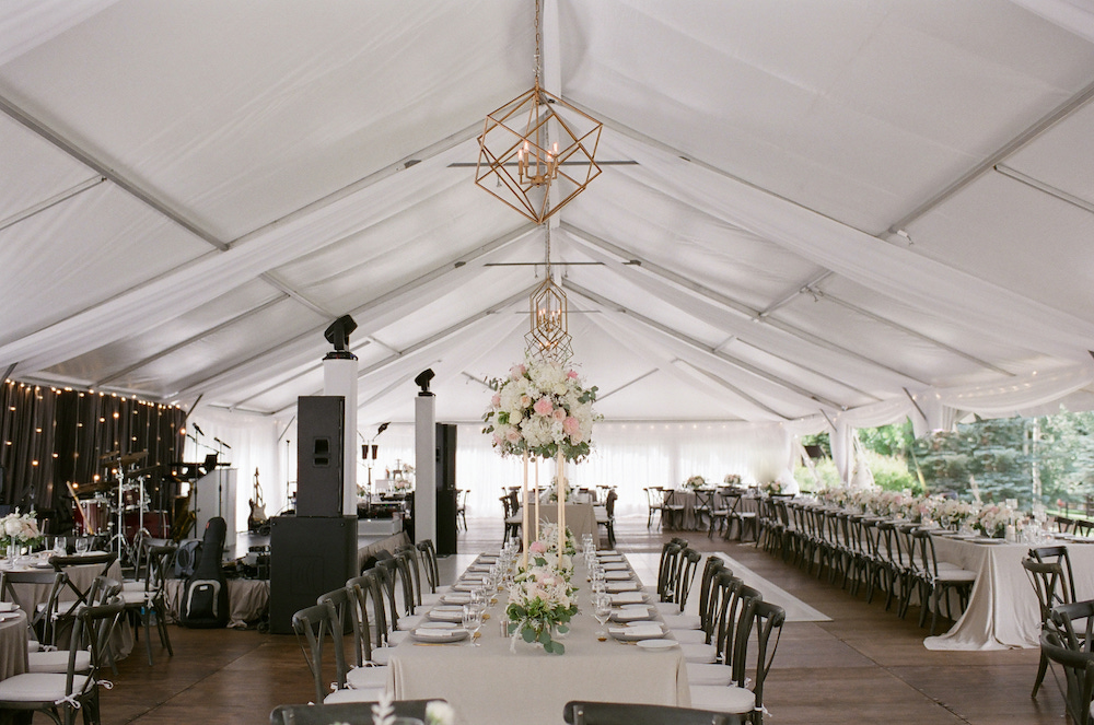 Colorado wedding tent with chandeliers